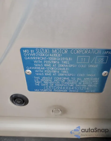 2006 Suzuki Grand Vitara Xsport from USA, damaged, VIN JS3TD944X64101214